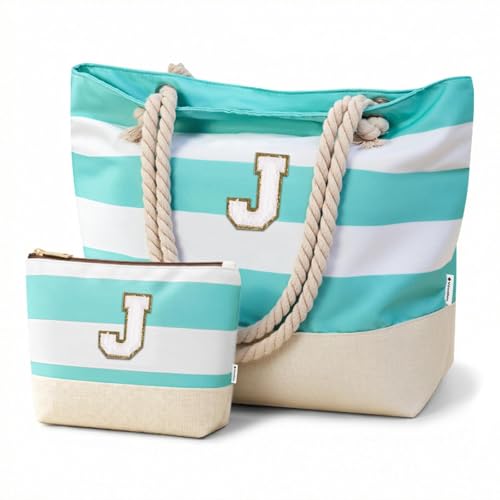 Vavabox Initial Beach Tote Bag for Women, Water-resistant Foldable Travel Beach Bag Set, Birthday Gifts for Women Mom