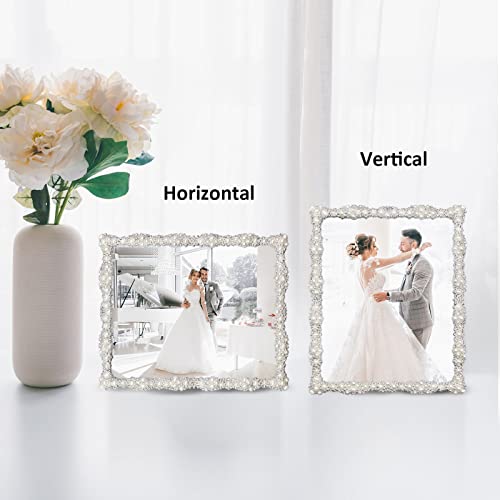 DIKAR 8x10 Picture Frame with Pearl for Wedding, Silver Plated with HD Acylic Finish Photo Frames with Rhinestones for Hor...