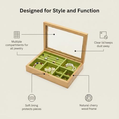 pandapark Wooden Jewelry Box with Glass Lid, Multi-Compartment Storage Display Case, Walnut Brown (Green Cherry)