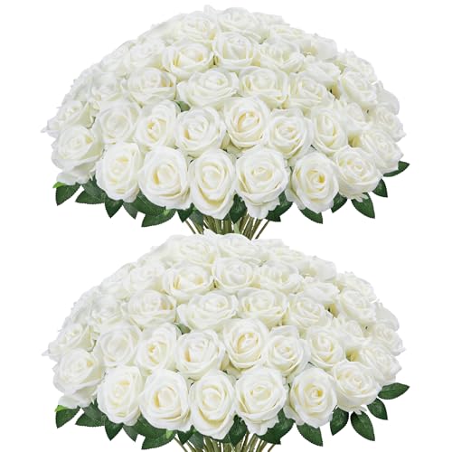 InnoGear 50 Pcs White Roses Artificial Flowers, Fake Velvet Silk Rose Bulk Faux Flower for Mother's Gift Decoration DIY We...