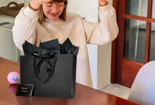 Papertide 2 Pack 16x6x12 Inch Large Black Gift Bag Set with Tissue Paper, Greeting Card & Ribbon, Big Gift Wrapping Kits f...