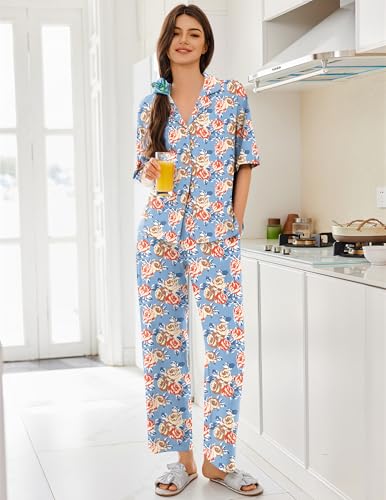 Ekouaer Women Pajamas Set Button Down Sleepwear Short Sleeve Pjs Soft Comfy Nightwear with Long Pants S-XXL
