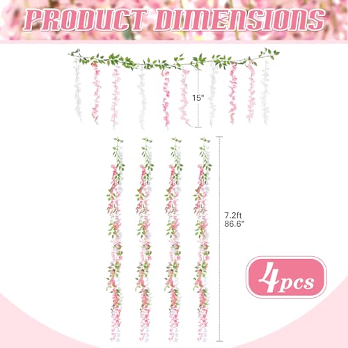 Thiccywoov 4pcs Wisteria Artificial Flowers Garland, 7.2Ft/Piece Wisteria Hanging Flowers Garland for Wedding Arch Decorat...
