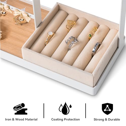 DreamGenius Jewelry Organizer Stand with Velvet Ring Holder, 4 Tier Jewelry Holder Organizer with 15 Hooks for Necklaces a...