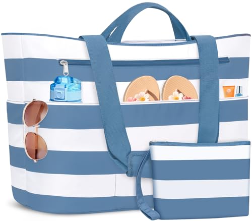 BKNOOU Extra Large Beach Bags Waterproof Sandproof XL Beach Tote Bag for Women Zipper Foldable Swim Pool Bag with Wet Pocket