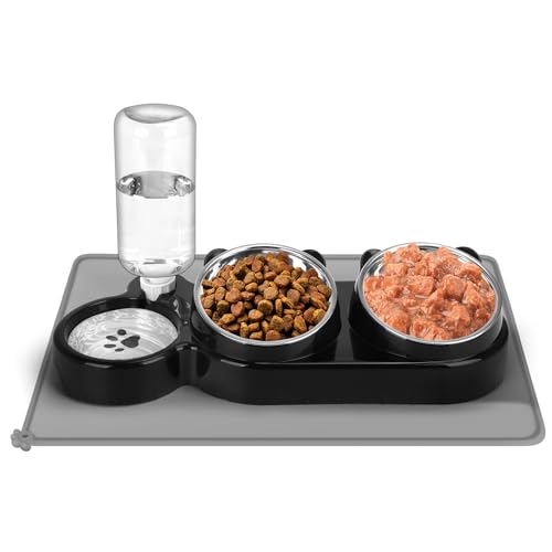 YECERCAN Cat Food and Water Bowl Set, Stainless Steel Raised Cat Bowls with Automatic Water Bottle & Waterproof Mat for Ca...
