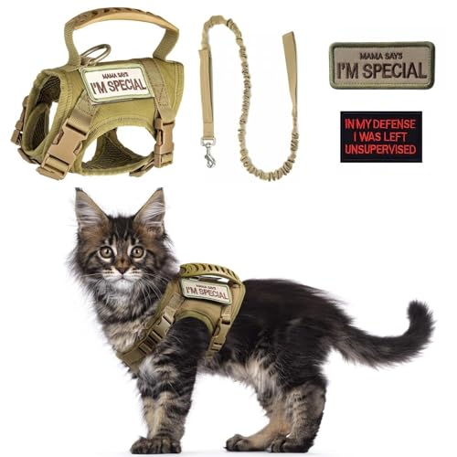 Tactical Cat Harness and Leash Set for Walking Escape Proof Adjustable Large Cat Vest Harness with Patches Soft Mesh Paddi...