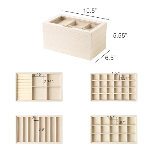 Frebeauty Stackable Jewelry Trays, Velvet Drawer Jewelry Organizer with Glass Lid,5 in 1 Multi-Functional Jewelry Storage ...