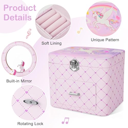 Basumee Musical Jewelry Box for Girls PU Leather Music Box with Drawer Large Kids Jewelry Organizer with Unicorn/Ballerina...