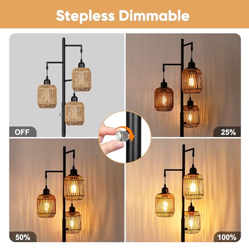 ROTTOGOON Dimmable Boho Floor Lamp - 3 Light Farmhouse Rattan Floor Lamp for Living Room, Industrial Tree Floor Lamps with...