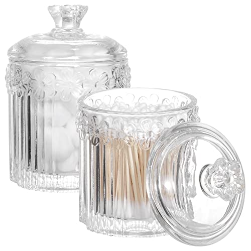 rejomiik 2 Pack Qtip Holder Glass Apothecary Jars with Lids Bathroom Accessories Vanity Organizers and Makeup Storage Cani...