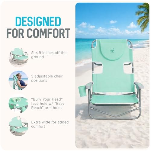 Ostrich the Heavy-Duty Backpacker, Portable Beach Chair with Face Hole, Adjustable Lounge Chair with Face Opening, Cup Hol...