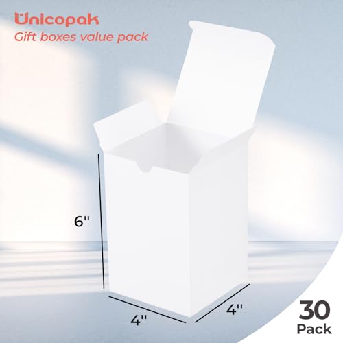 UnicoPak 30 Pack 4x4x6 White Gift Boxes with Lids - Tall Small Gift Boxes for 16oz Mason Jars, Candles, Mugs - Pop-Up Easy...