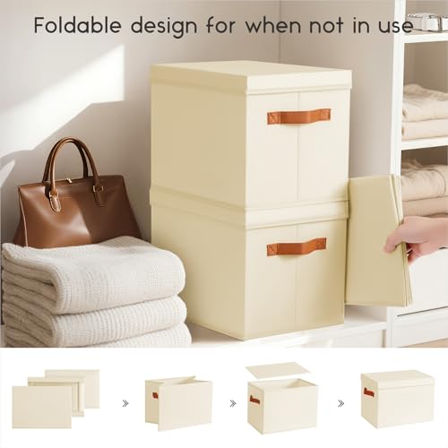 Homsorout Storage Bins with Lids - Fabric Storage Baskets for Shelves, 6 Pack Foldable Decorative Boxes with Handles, Stac...