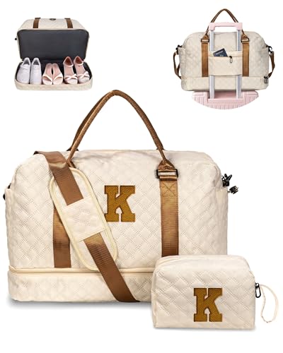 Vogewood Birthday Gift-Initial Duffle Bag with Shoe Compartment, Personalized Weekender Bag, Monogram Overnight Bag for Wo...