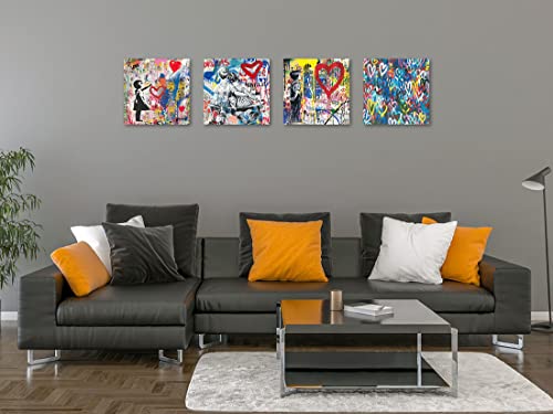 Biufo Banksy Canvas Wall Art Prints Pop Graffiti Street Art Pictures for Bedroom Living Room Wall Decor (12"x12"x4Pcs)