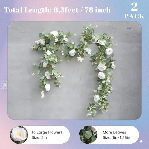 Der Rose 2 Pcs 13FT Artificial Flower Garland, White Rose & Eucalyptus Floral Garland, Faux Flower Vine for Wedding Decor ...