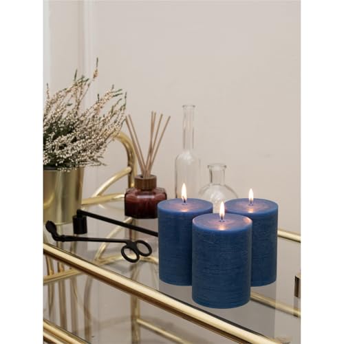 CANDWAX 3x4 inch Pillar Candles Set of 3 – Unscented Dripless Rustic Dark Blue Candles for Room Decor, Weddings, Centerpieces