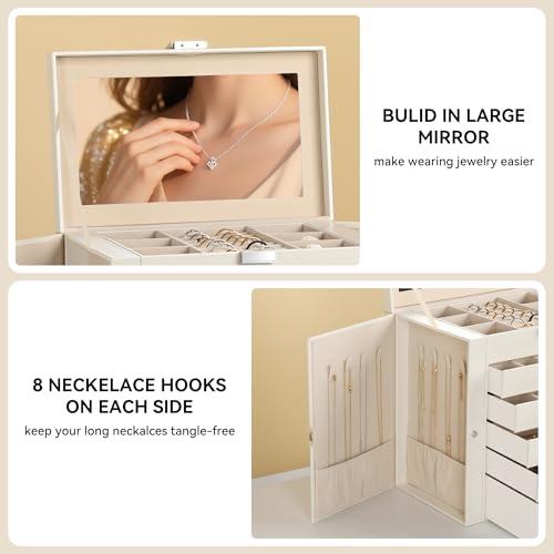 Frebeauty Large Jewelry Box,6-Tier PU Leather Jewelry Organizer,Multi-functional Storage Case with Mirror,Accessories Hold...