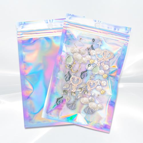 100Pcs Holographic Packaging Bags, 3.1x4.7 inch Resealable Foil Pouch Mylar Sample Bag Great for Small Business and Party ...