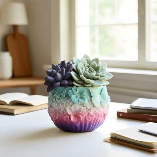 Emboss Flower Butterfly Flower Pot Container Resin Mold, Makeup Organizer Plaster Cup Candle Jar Silicone Mold, Epoxy Resi...