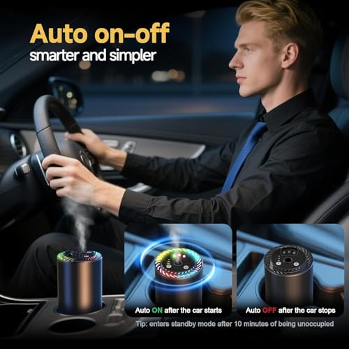 Smart Car Air Freshener with Star Light & 200ml Diffusers Oil Refills, Auto On/Off Aroma Diffuser, 3 Adjustable Mist Modes...