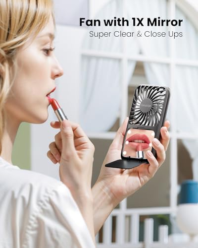 Gaiatop Portable Handheld Fan, 3 Speed LED Makeup Mirror with Light, Folding Stand for Desktop, Rechargeable Mini Personal...