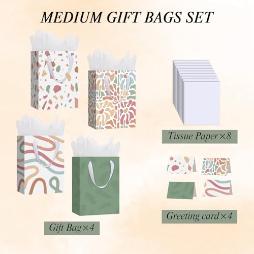 woric 10.6" Sage Green Flowers Gift Bags with Tissue Paper, 4 Medium Gift Bag with Greeting Cards for Mother's Day Birthda...