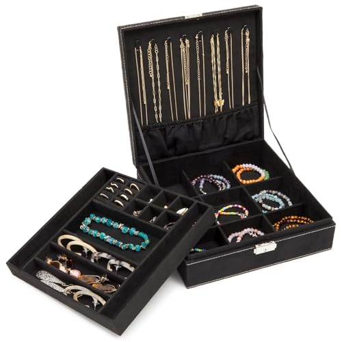 Juvale Jewelry Box for Men - 10.5 x 10.5 x 3.5 in, Black Velvet - Locking 2-Layer Travel Jewelry Organizer & Earring Holde...