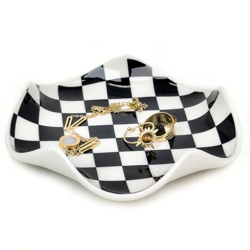 Aesthetic Ring Holder Dish, Cute Small Trinket Dish, Ceramic Jewelry Tray,Modern Checkered Cool Stuff for Girly Room Deco...