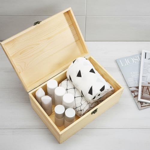 yarlung Unfinished Wooden Box with Hinged Lid, 12 x 8 x 6 Inch Large Memory Box for Crafts, Unpainted DIY Gifts Box for Je...
