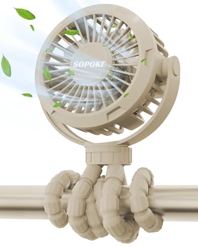 SOPOKE Mini Portable Baby Stroller Fan,3 Speed Personal Handheld Fan,Battery Operated Rechargeable 360° Flexible Tripod Co...