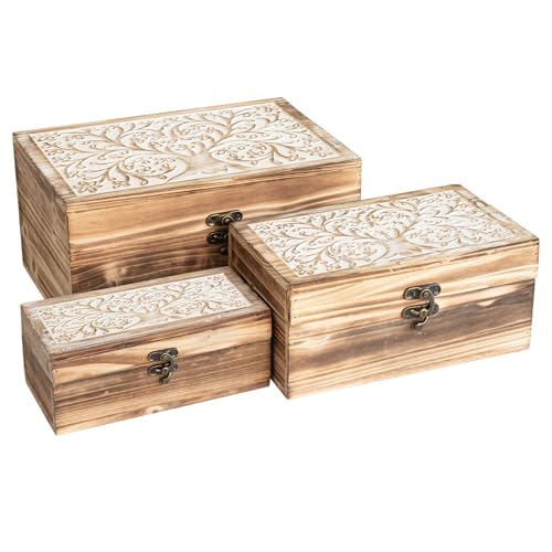 MODE HOME 3 Piece Tree of Life Carved Wooden Keepsake Boxes with Lids, Decorative Storage Boxes for Home decor, Trinket Bo...
