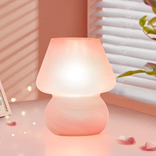 ONEWISH Mushroom Lamp Cute Table Lamp for Bedroom Nightstand Soft Light Pink, Small Glass Nightlight Stepless Dimmable Des...