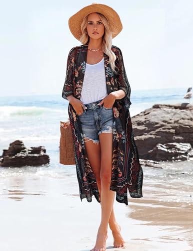 MayBuy Women's Summer Long Flowy Kimono Cardigans Boho Chiffon Beach Cover Up Tops