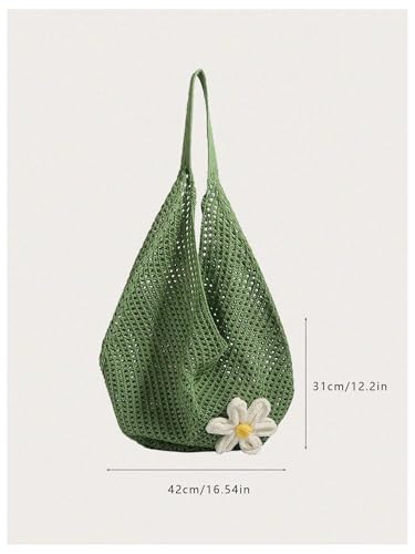 OYOANGLE Women's Floral Applique Crochet Beach Tote Bag Summer Boho Mesh Woven Tote Bag