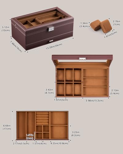 ProCase Mens Jewelry Box, Lockable 6 Slot Watch Case & 3 Slot Sunglasses Organizer, 2-layer Mens Jewelry Organizer Watch B...
