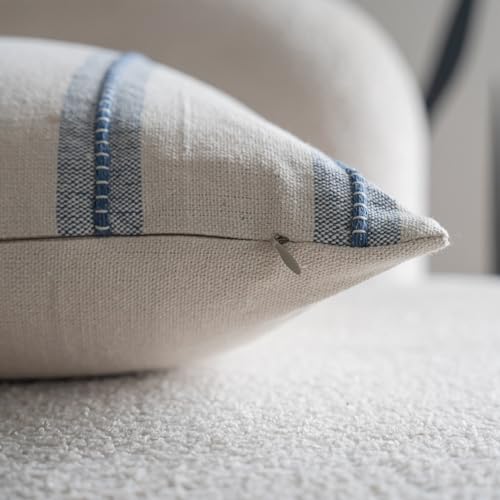 Cethom Boho Throw Pillow Covers 18x18 Set of 2, Beige and Blue Striped Decorative Pillow Cases for Couch Chair Bed, Textur...