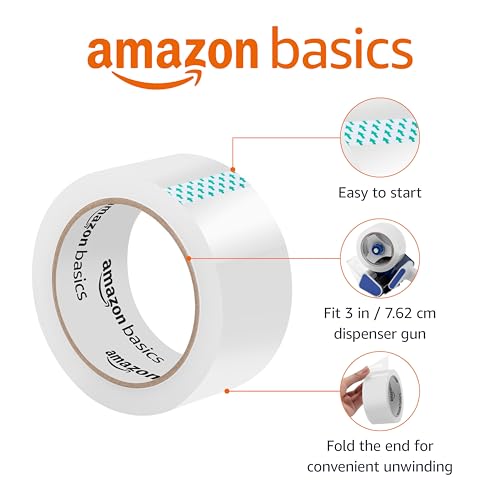 Amazon Basics Strong Plastic Adhesive Packing Tape for Shipping, Sealing Boxes, Moving and Storage, Clear, Low Odor, 1.88 ...