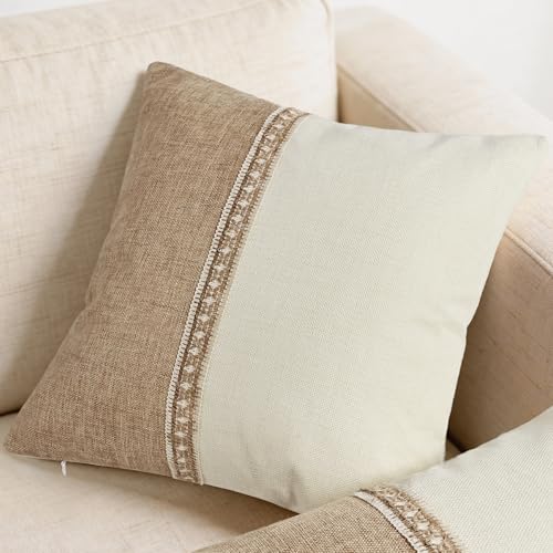 QoBexim Boho Patchwork Linen Throw Pillow Covers 18x18 Set of 2 with Fringe Trim, Khaki and Beige Farmhouse Textured Burla...