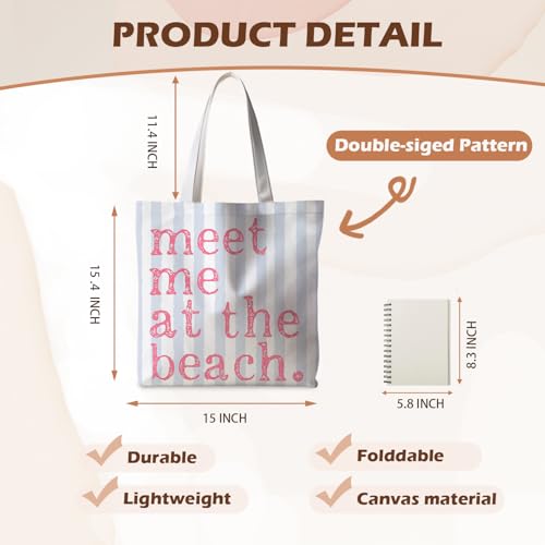 ignytiger Beach Tote Bag, Summer Canvas Striped Tote Bags for Women, Meet Me At The Beach Aesthetic Shopping Bag