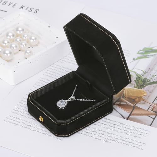 KUKUVR Velvet Necklace Box, Octagonal Luxury Pendant Gift Box for Wedding Engagement Proposal for Women (Black)
