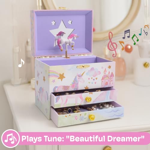 Jewelkeeper Enchanting Unicorn Musical Jewelry Box for Girls - Sparkling Rainbow Design Music Box with 2 Pullout Drawers t...