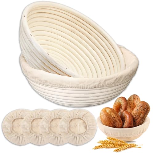 Banneton Bread Proofing Basket - Proofing Basket Set of 2 (9 inch Round) - Natural Rattan Banneton with 4 Linen Liners - B...