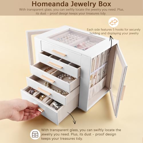 Homeanda Jewelry Box for Women with Glass Lid, 5 Drawers Jewelry Organizer and Storage for Necklaces, Rings, Earrings, Bra...