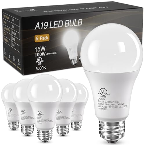 TJOY 6 Pack LED Light Bulbs, 100 Watt Equivalent A19 Lightbulbs, 15W 5000K Daylight White, Bright Energy Efficient LED Bul...