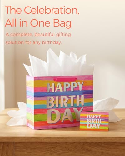 SUNCOLOR Large Happy Birthday Gift Bag with Tissue Paper & Card, 13 x 10.2 x 4.7 Inches Premium Paper Bag for Birthday, Ki...