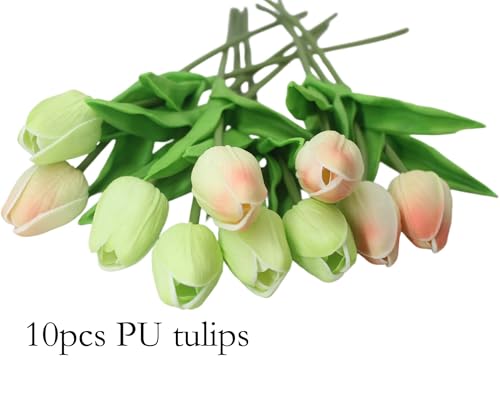ALIERSA Artificial Flowers 10 Heads Mini Real Touch Artificial Tulip for Home Wedding Party Centerpiece Decoration (Champa...