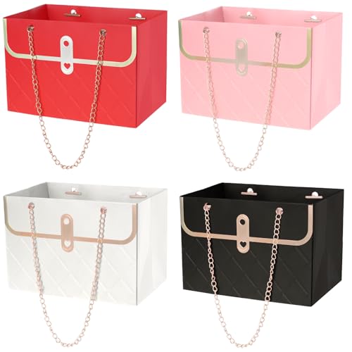 4 Pack Flower Paper Gift Bags Portable Bouquet Storage Bucket Paper Flower Handbag Boxes with Metal Chain Bouquet Carrier ...