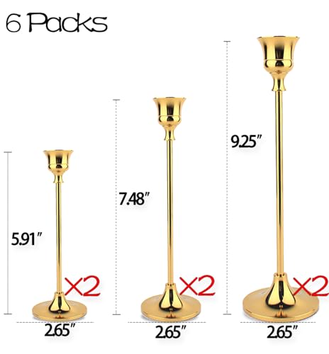 Taper Candle Holder Set of 6, Brass Gold Tall Candlestick Holders, Metal Vintage Candle Stickers Long Holder Set, Pillar D...
